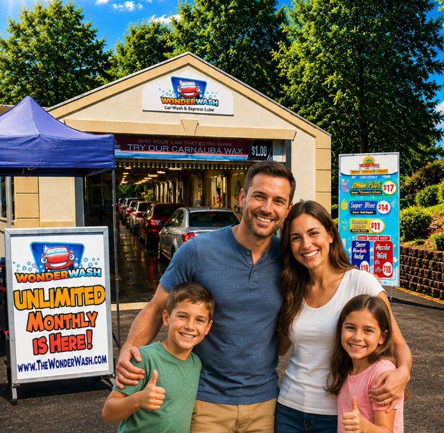 Happy family at Wonder Wash car wash